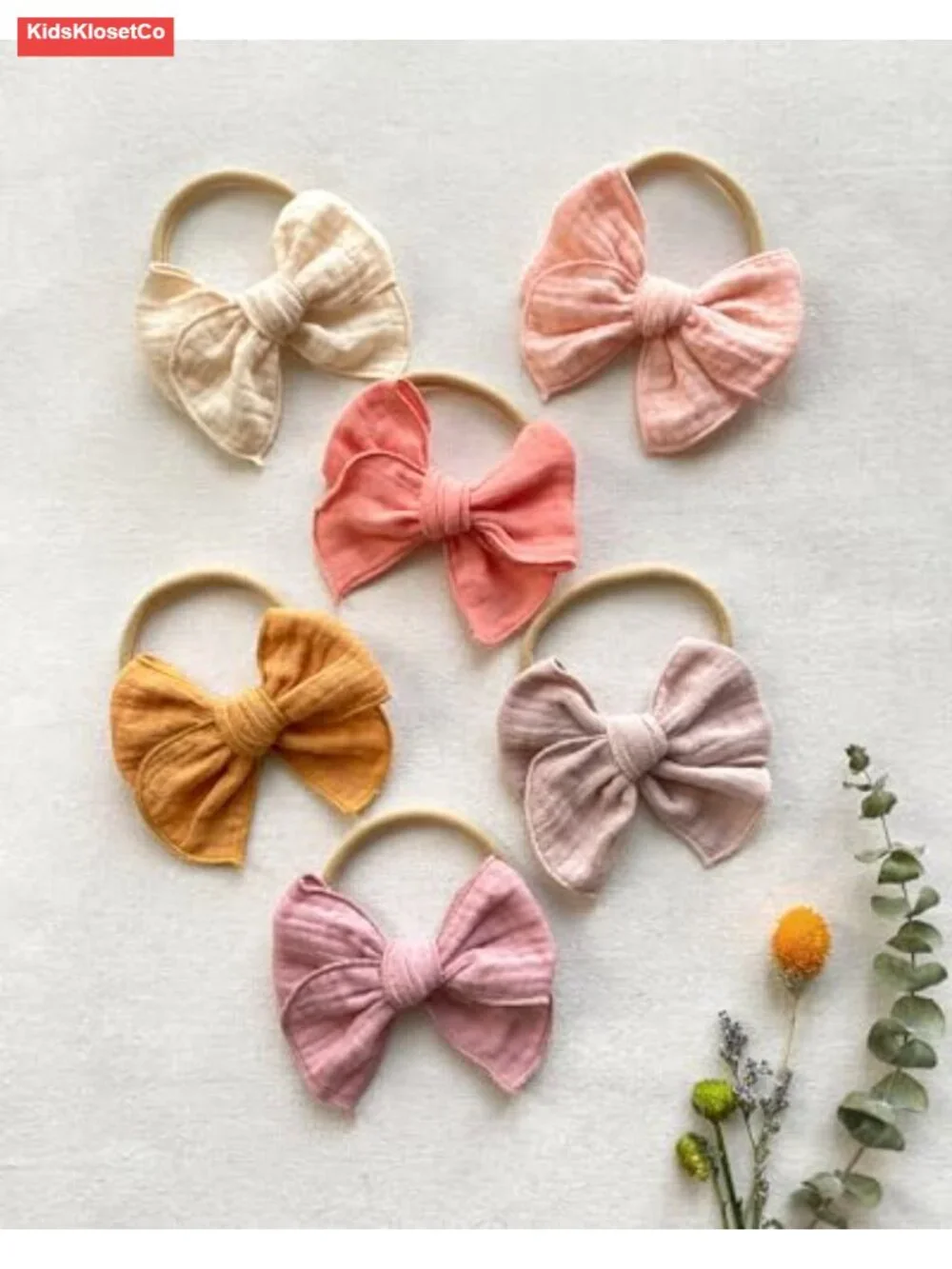 6 Pack Baby Girl Muslim Cotton Hair Bows Headbands Elastic Nylon